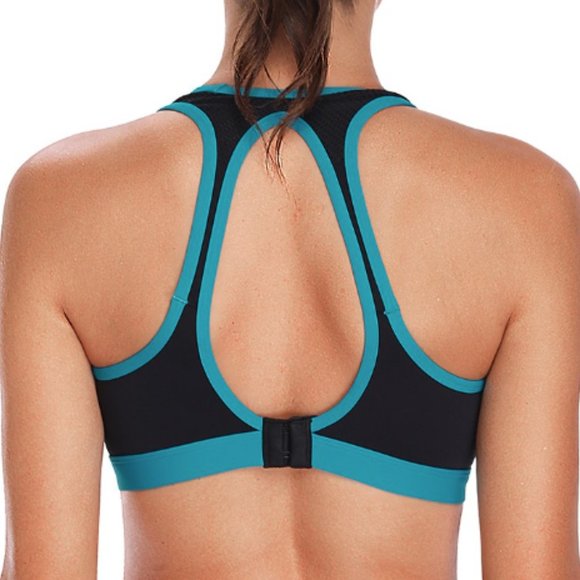 Private Label Sports Bra High Impact Racer Cut-Out Striped AQUA NEW - ALL SIZES! - Picture 3 of 12